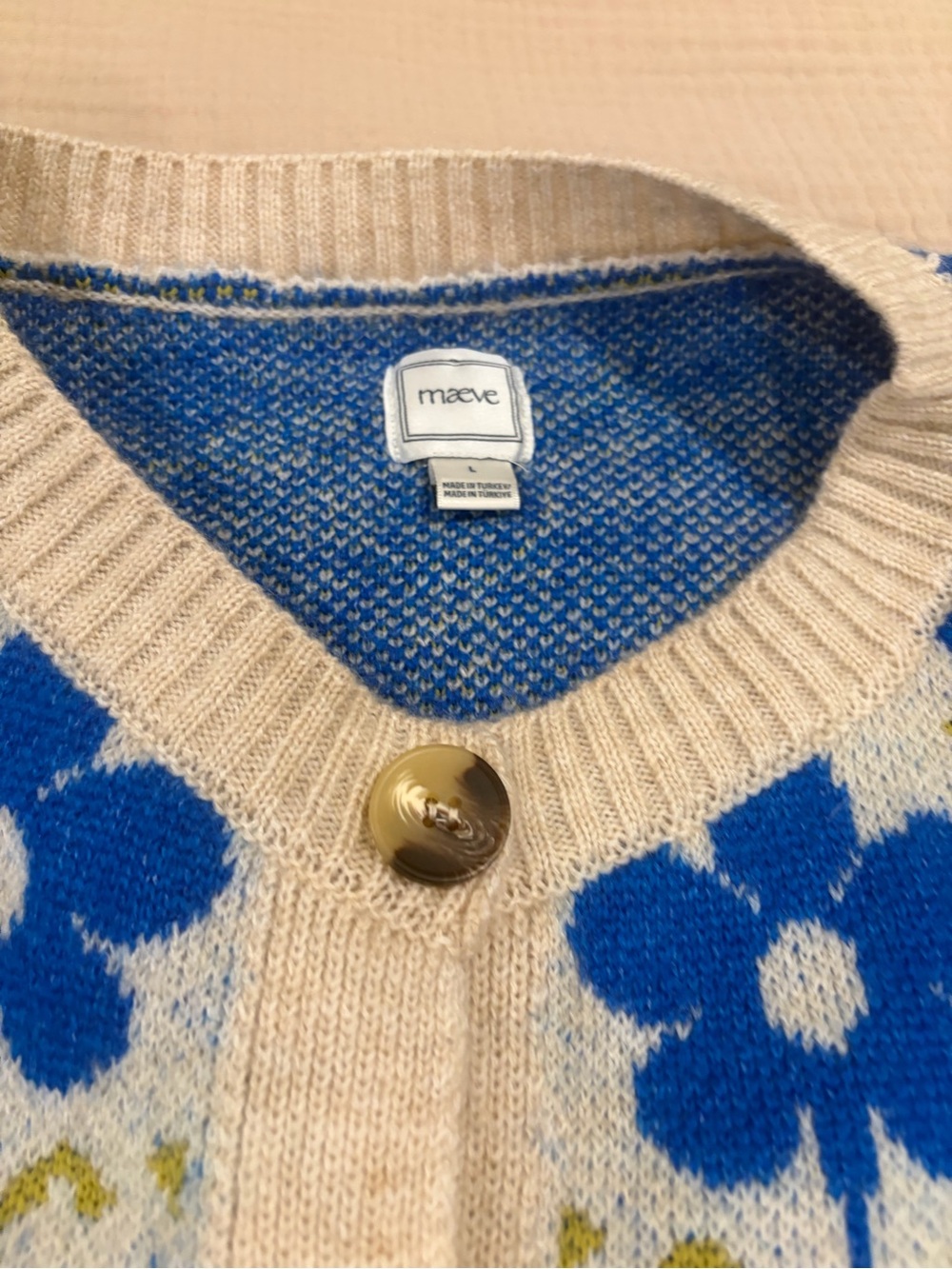 Anthropologie Maeve Blue floral pop intarsia Cardigan, women’s L - Picture 3 of 7